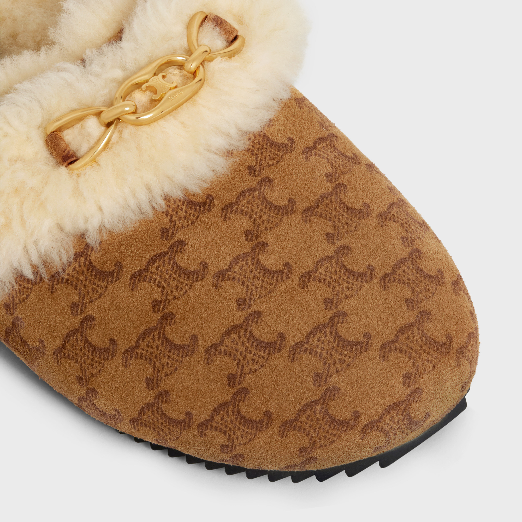 CELINE CELINE FUR SLIDES TRIOMPHE CLOSED SLIPPER IN SUEDE CALFSKIN AND SHEARLING