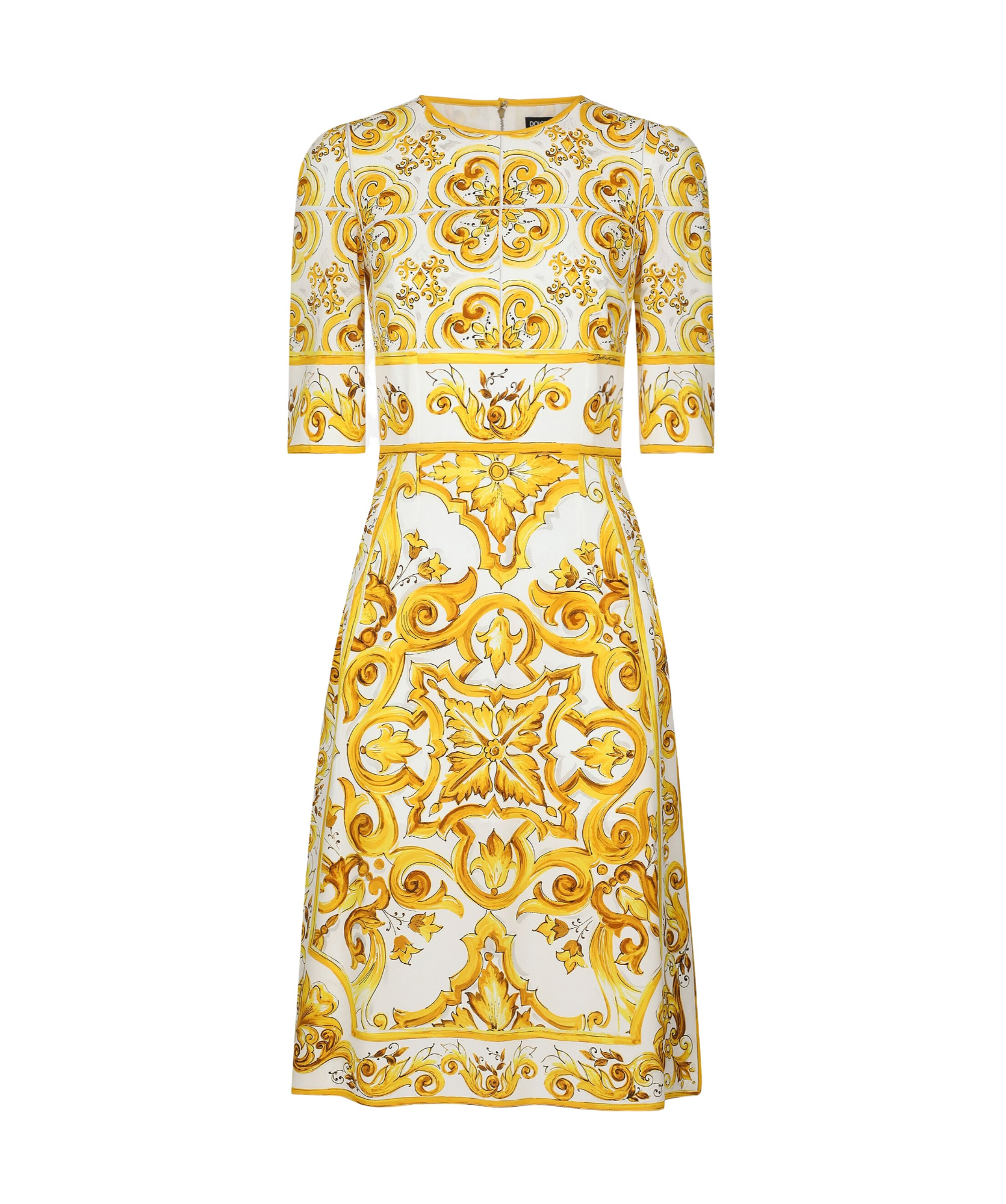 Shop Dolce & Gabbana Majolica Silk Crepe Dress In Yellow