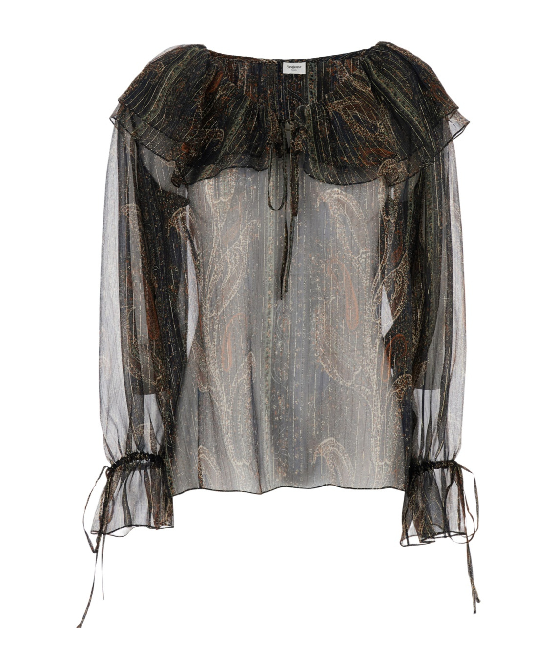 Saint Laurent Multicolor Off-shoulder Blouse With Drawstring Poet Sleeves In Silk Blend Woman In Gray