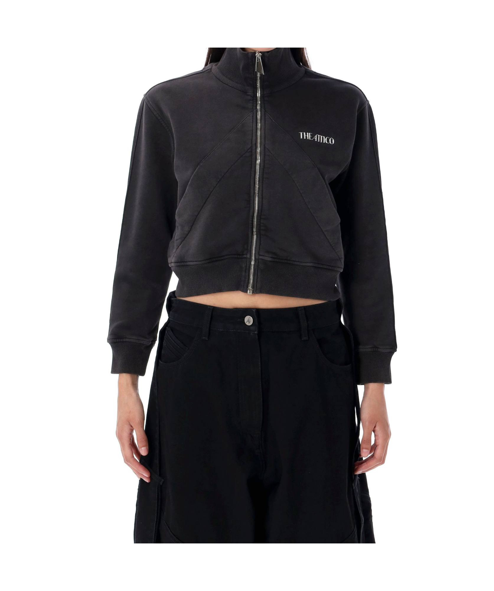 Attico Cropped Zip Fleece Ribbed Finish In Black
