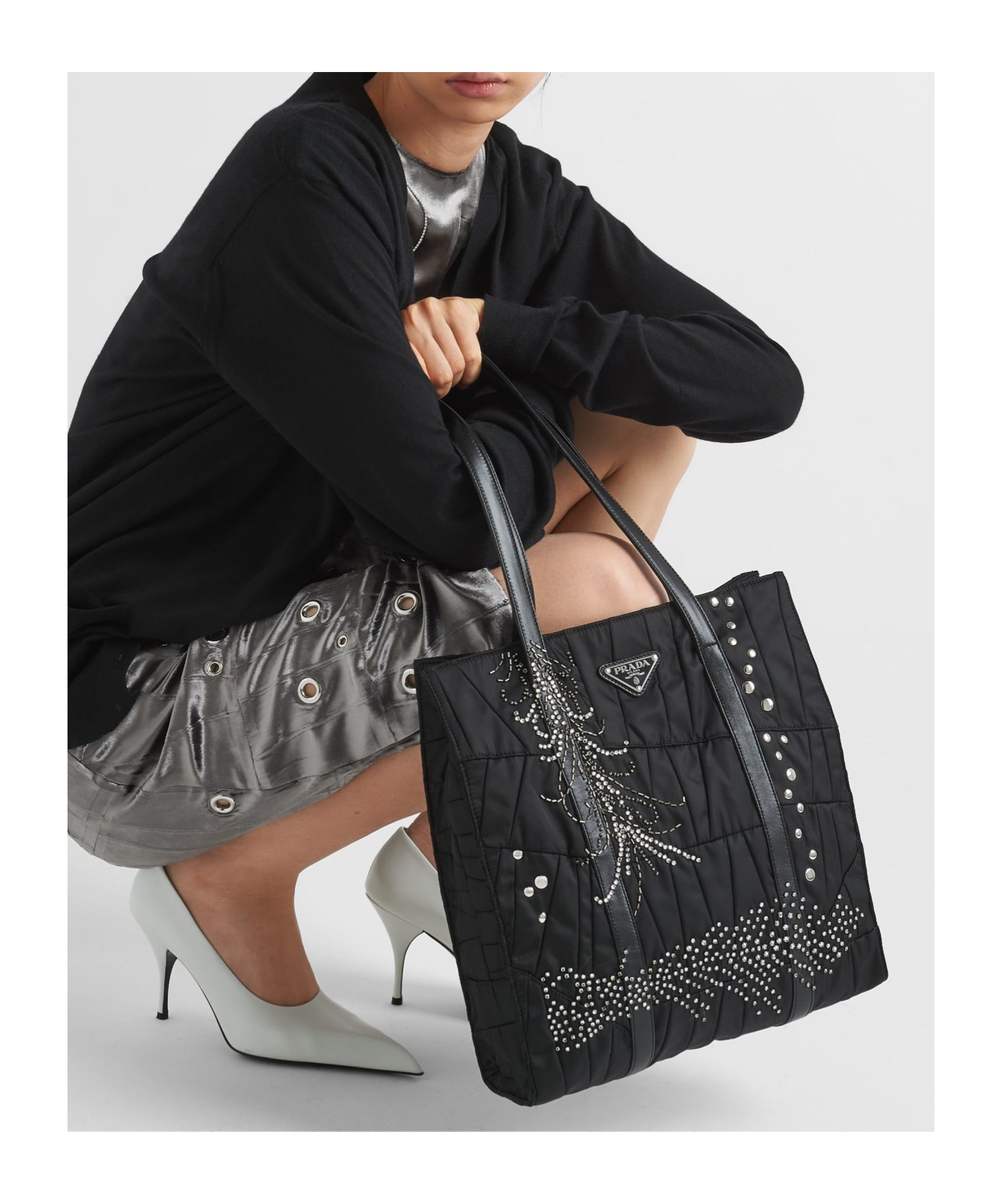 Shop Prada Medium Re-nylon Patchwork Tote Bag With Embroidery In Black