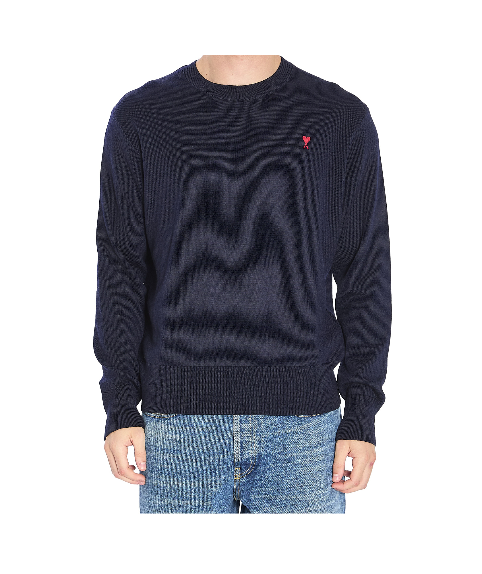 Ami Alexandre Mattiussi Ami Navy Blue Cotton Jersey Sweater With Signature Embroidered Motif In Blue