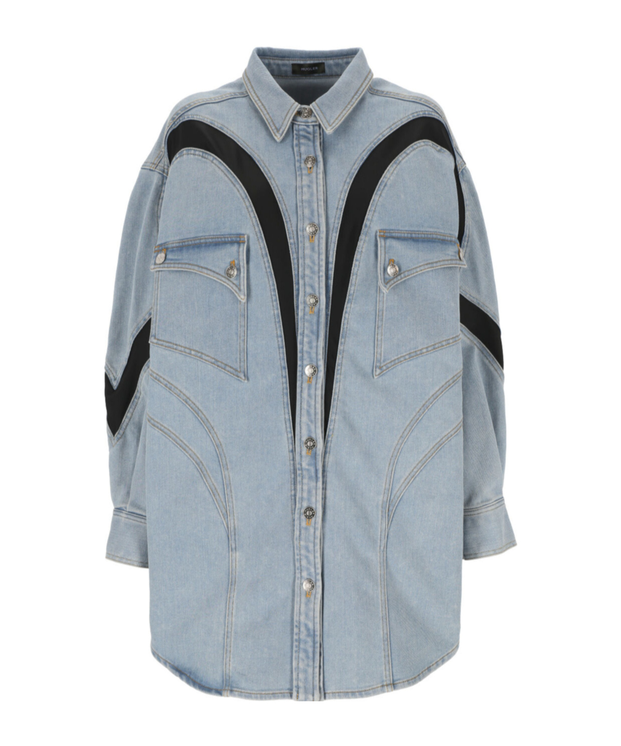 Mugler Long-sleeved Spliced Denim Coat In Gray
