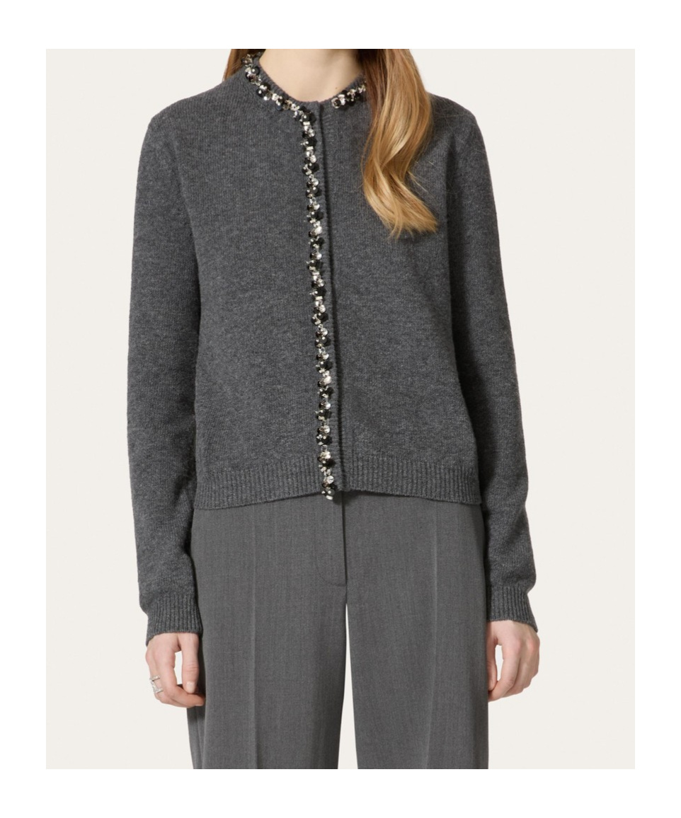 Valentino Wool Cardigan With Embroidered Trim In Black