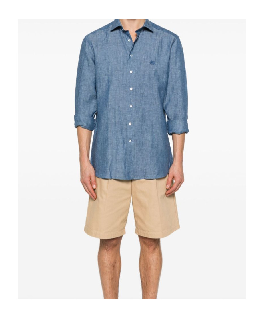 Etro Light Blue Linen Shirt With Embroidered Logo In Blue
