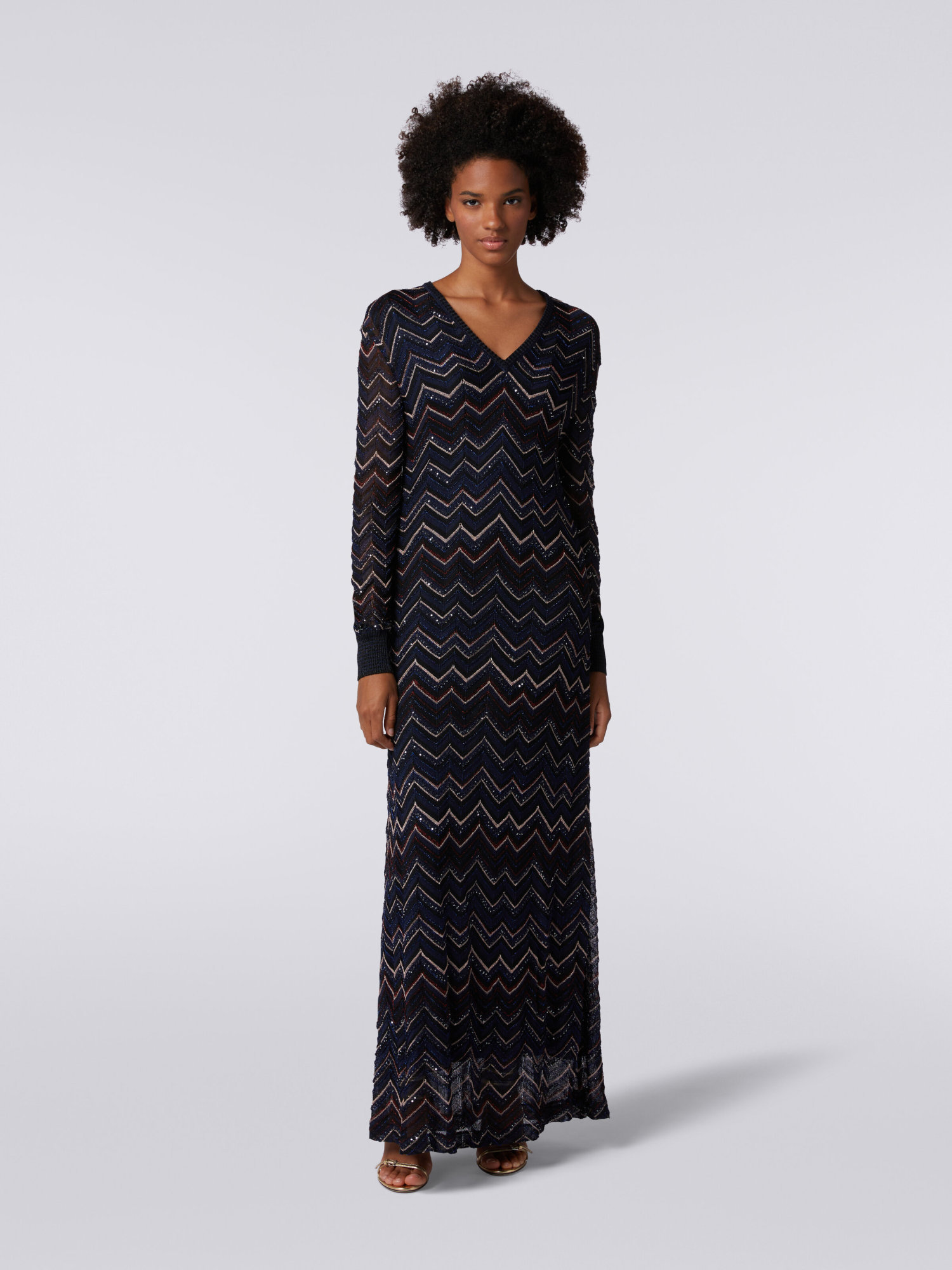 Missoni Sparkly Sequin Long Sleeve Shimmer Chevron Knit Maxi Dress In Black