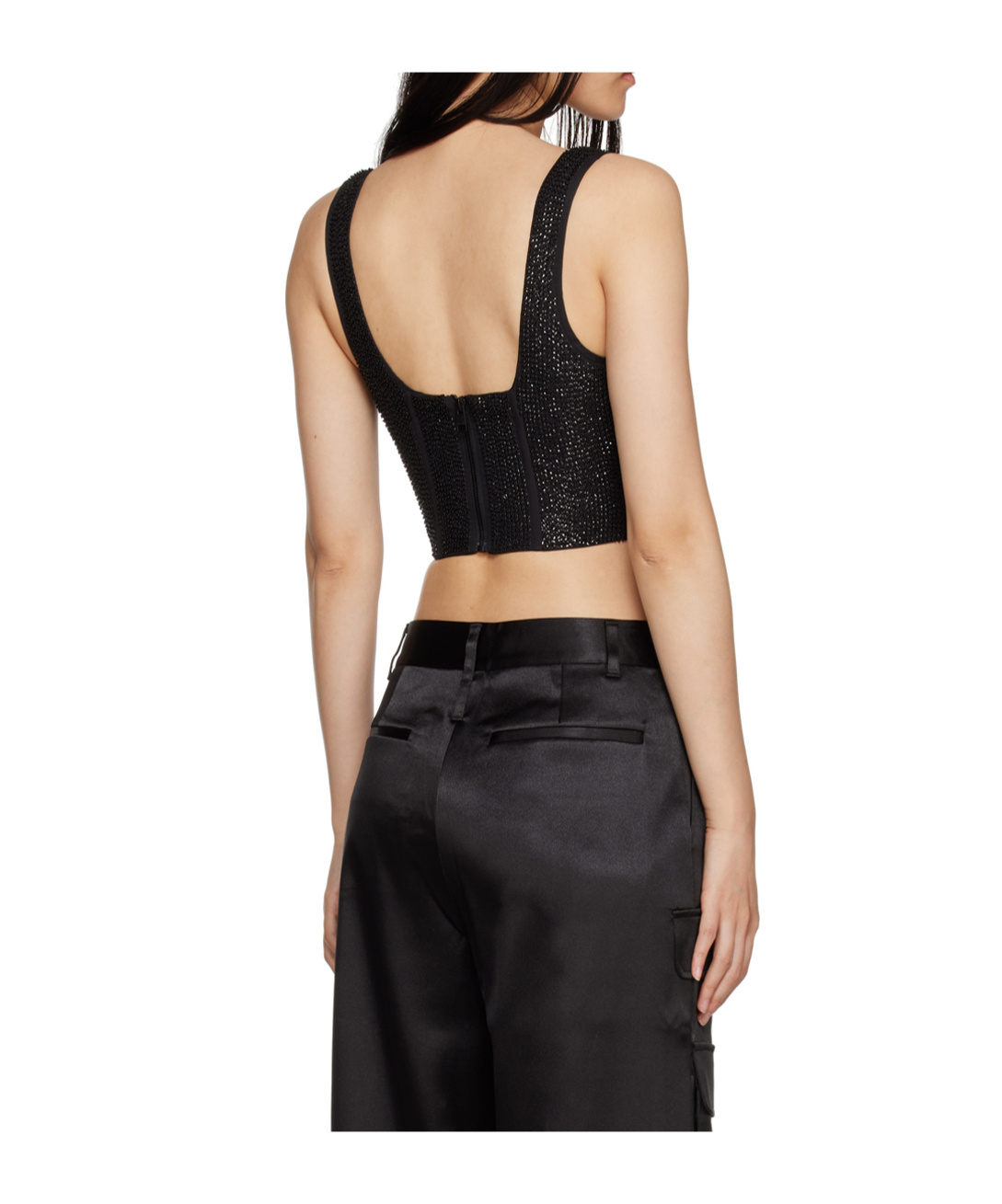 Frame Beaded Silk Corset Crop Top In Black