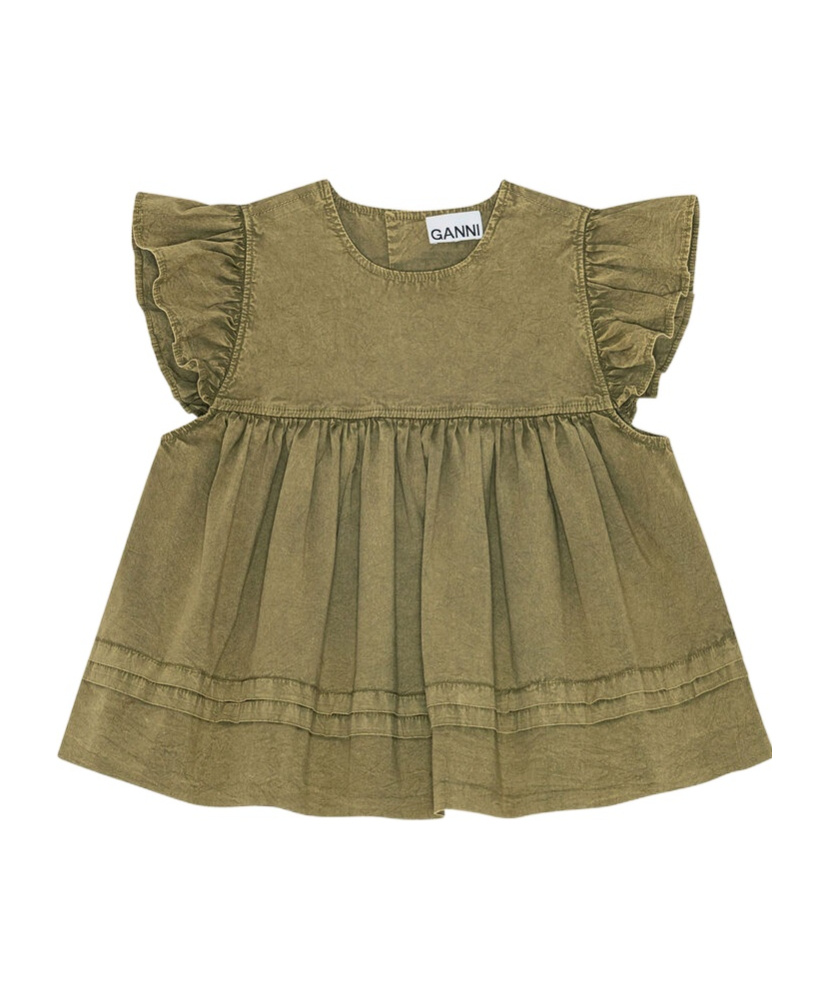 Ganni Ruffled Flared Top In Green