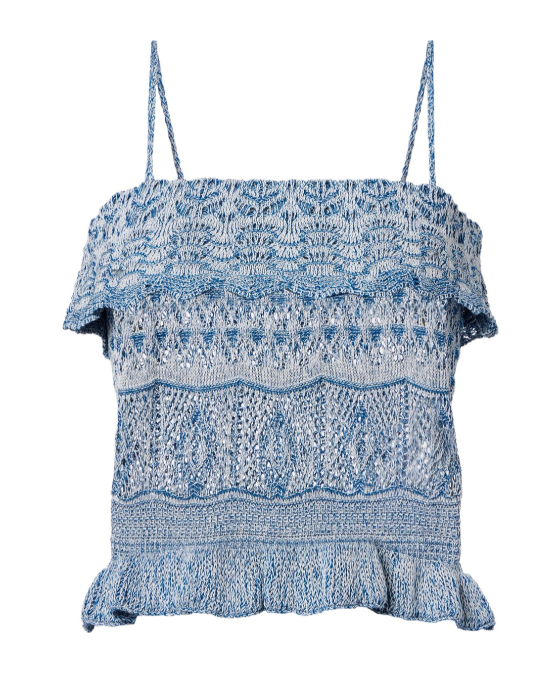 Etro Cropped Ruffled Pointelle-knit Cotton-blend Top In Blue
