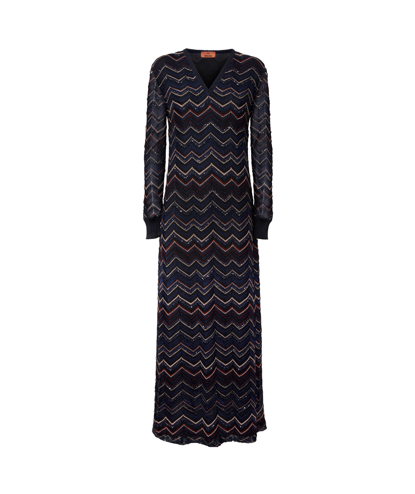 Missoni Sparkly Sequin Long Sleeve Shimmer Chevron Knit Maxi Dress In Black