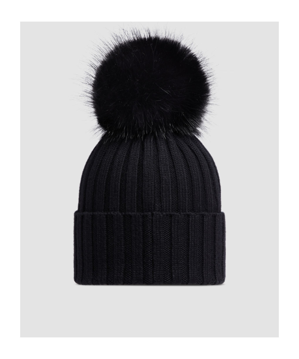 Moncler Ribbed Knit Wool Beanie With Faux Fur Pom-pom In Black