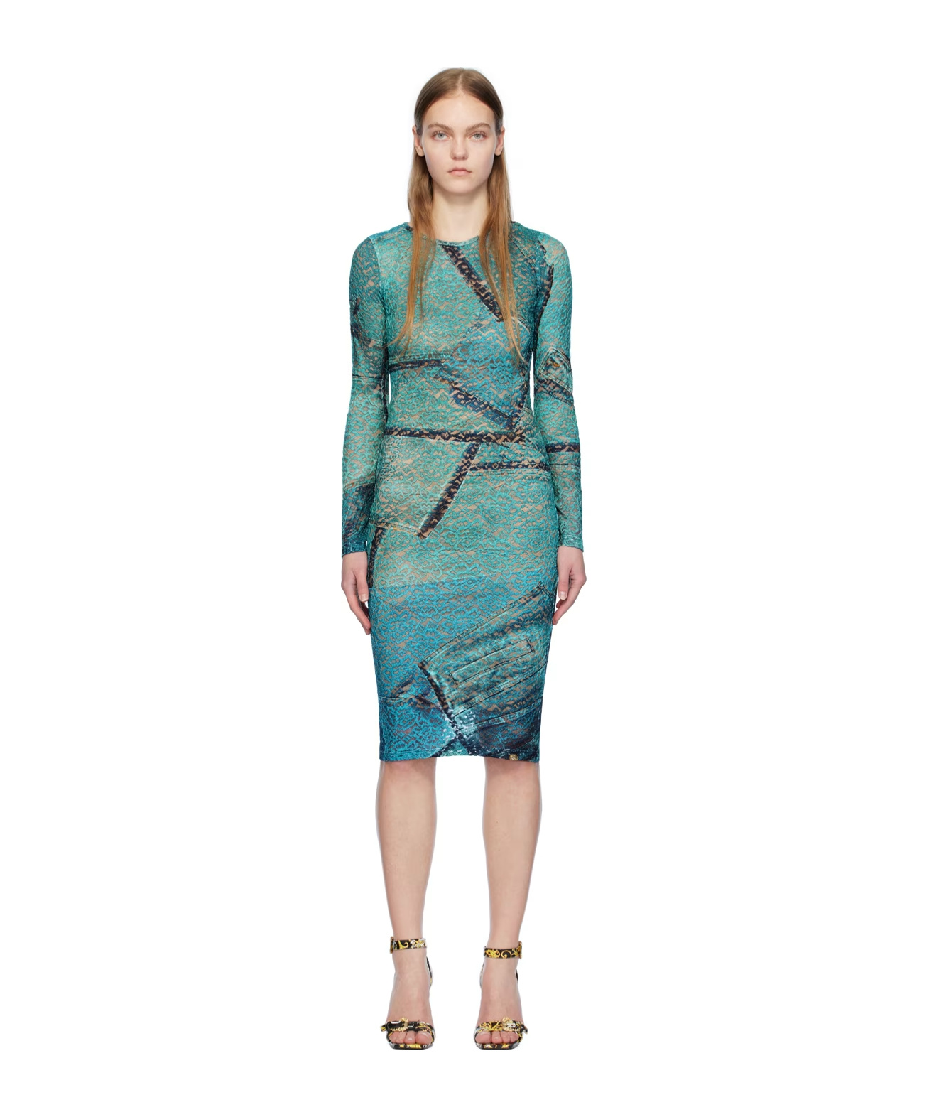 Versace Long Sleeve Round Neck Dress In Blue