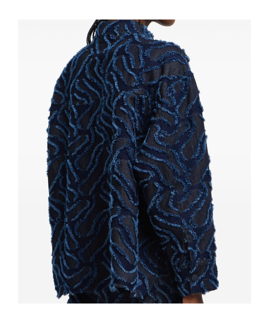 Emporio Armani Fringed Embossed-motif Jacquard Denim Shirt Jacket In Blue