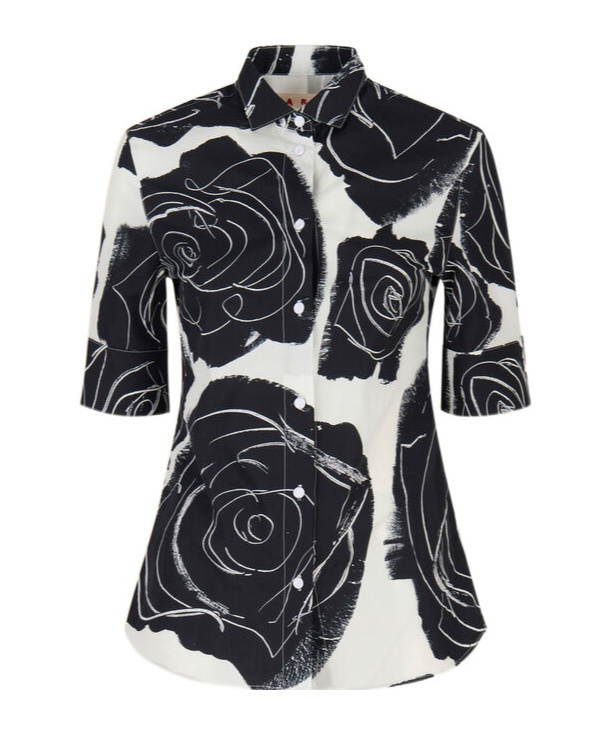 Marni White Poplin Short-sleeve Shirt With Cybele Print In Lily White