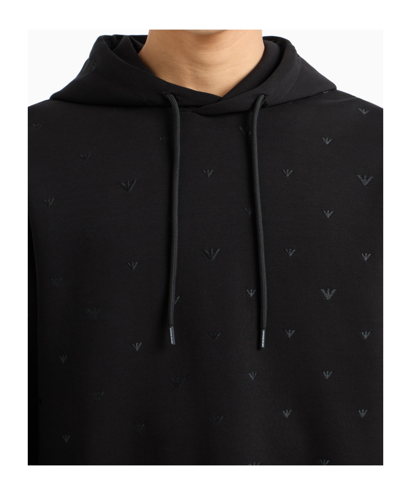 Emporio Armani Double-jersey Hooded Sweatshirt With All-over Micro Eagle Embroidery In Black