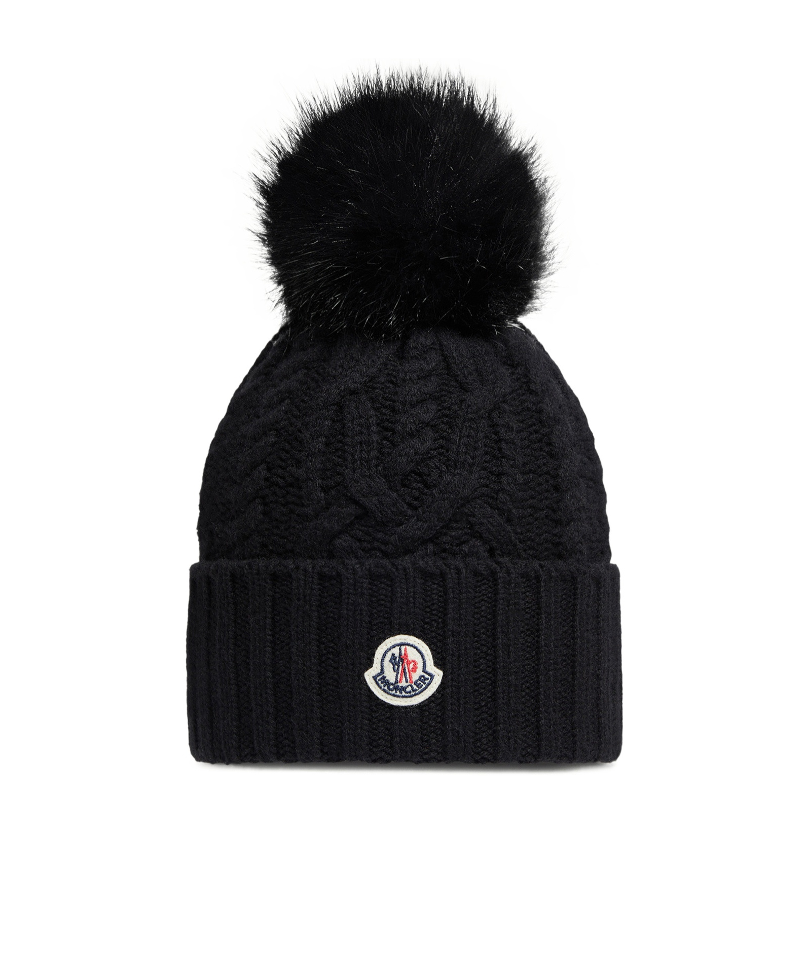Moncler Ribbed Knit Wool Beanie With Faux Fur Pom-pom In Black