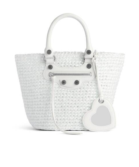 Balenciaga White Raffia Small Le Cagole Panier Handbag In White