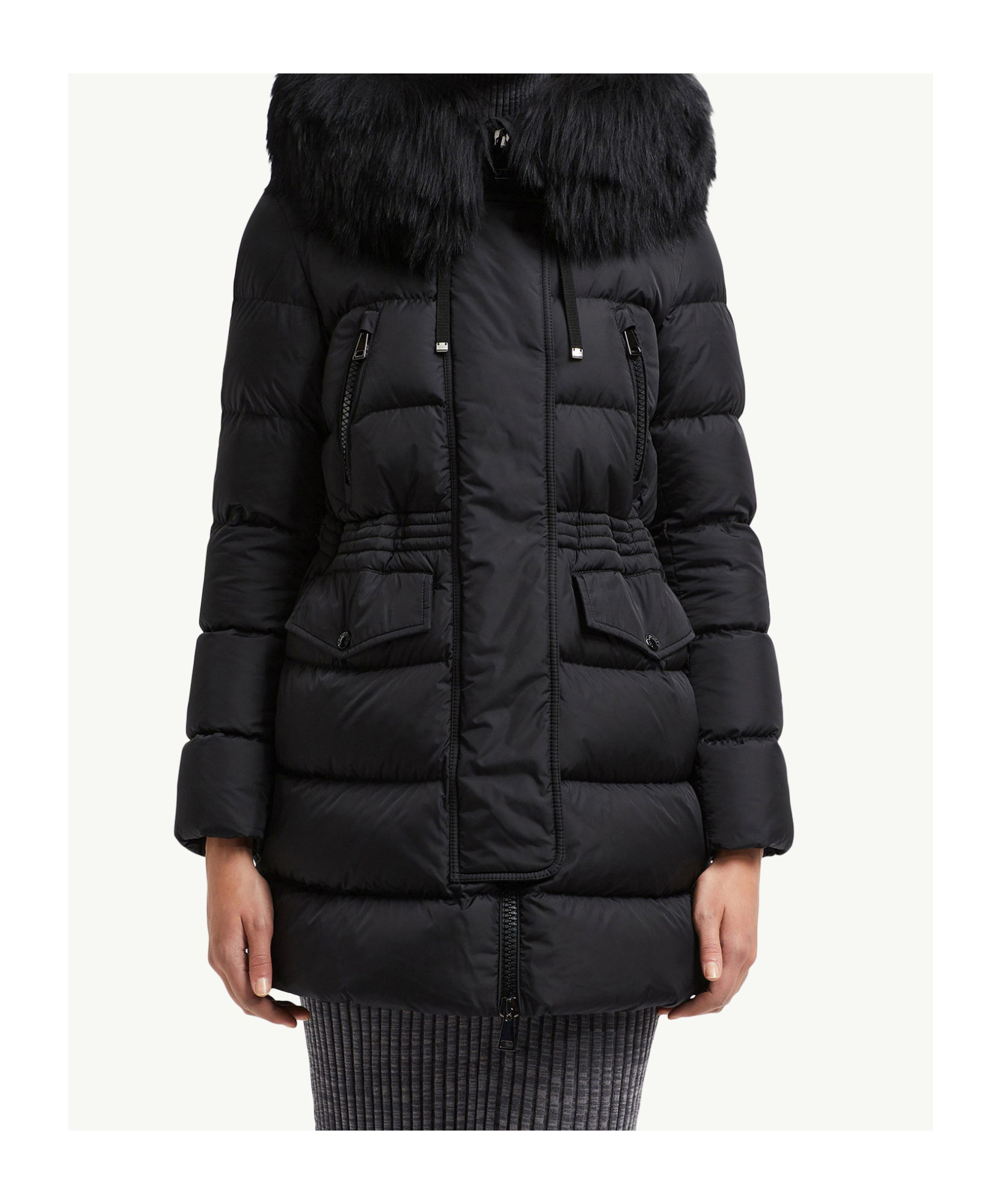 Moncler Aphroti Hooded Shearling-trimmed Long Down Jacket In Black