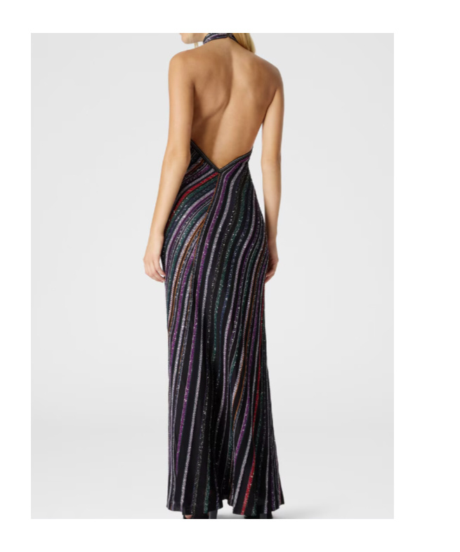Missoni Long Dress With Halter Neck And Herringbone Stripe Knit In Black