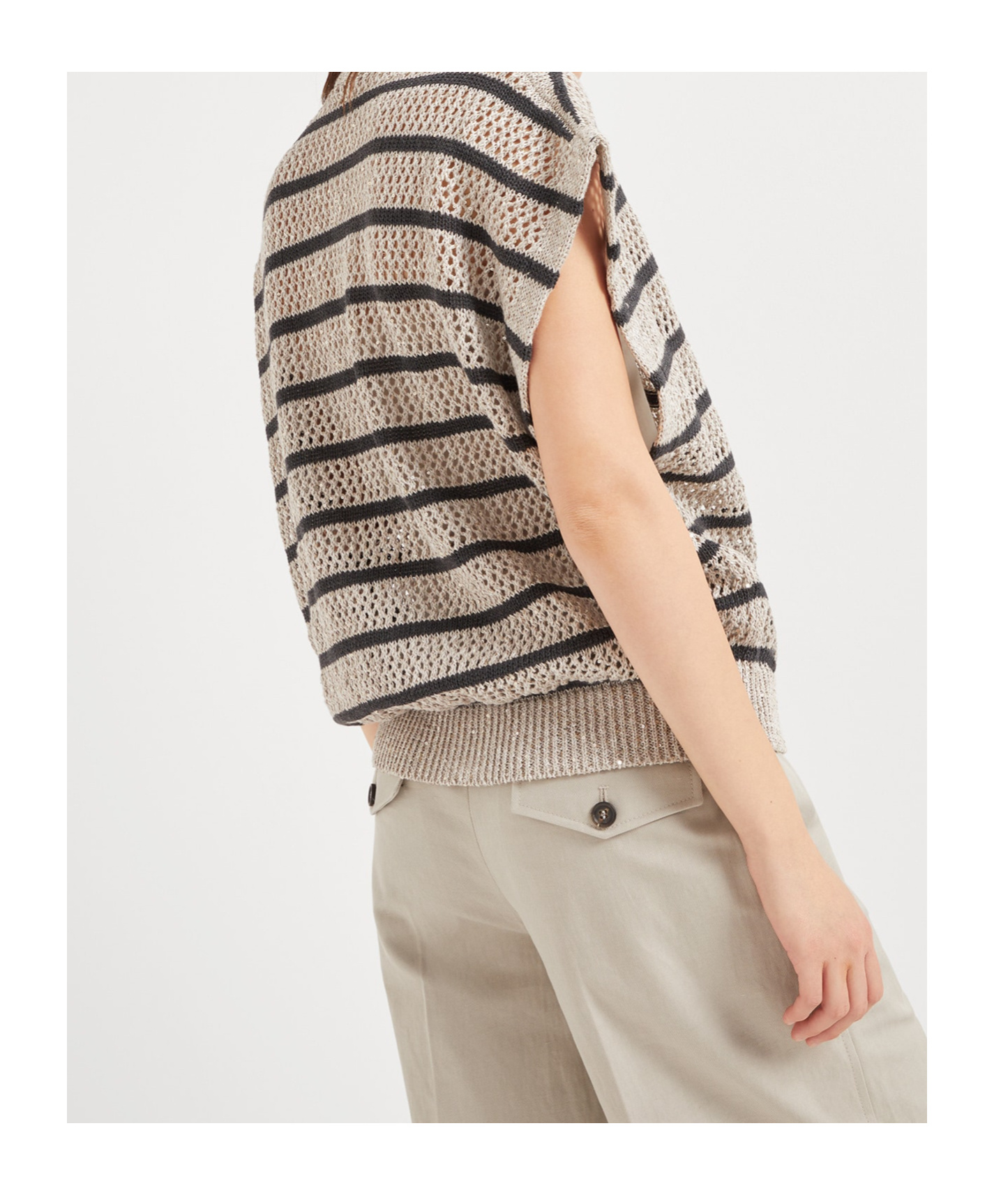 Brunello Cucinelli Beige Cardigan With High Neck And All-over Striped Motif In Nude