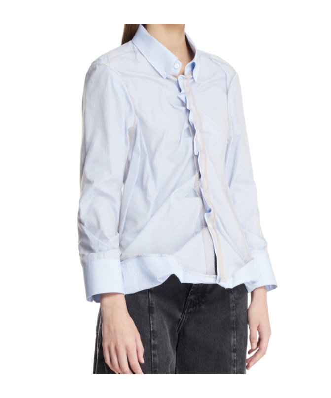 Maison Margiela Stripe Ruffle Long Sleeve Cotton Button-down Shirt In Blue