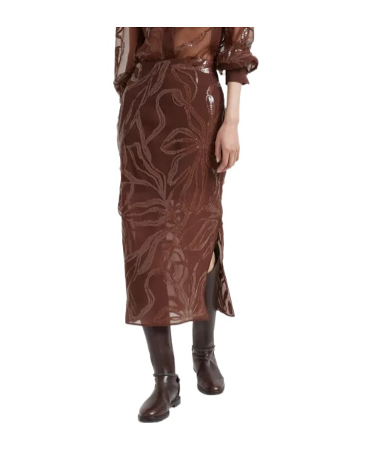 Brunello Cucinelli Women Skirt With Dazzling Floral Embroidery In Brown