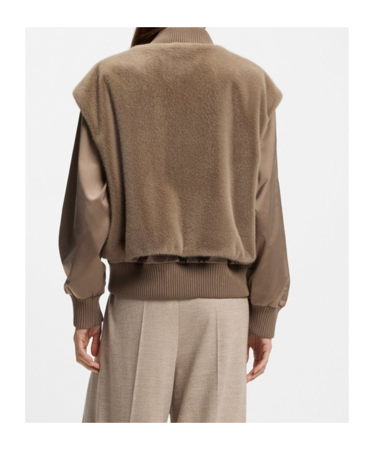 Hugo Boss Boss  Removable Faux-fur Gilet Satin Bomber Jacket In Brown