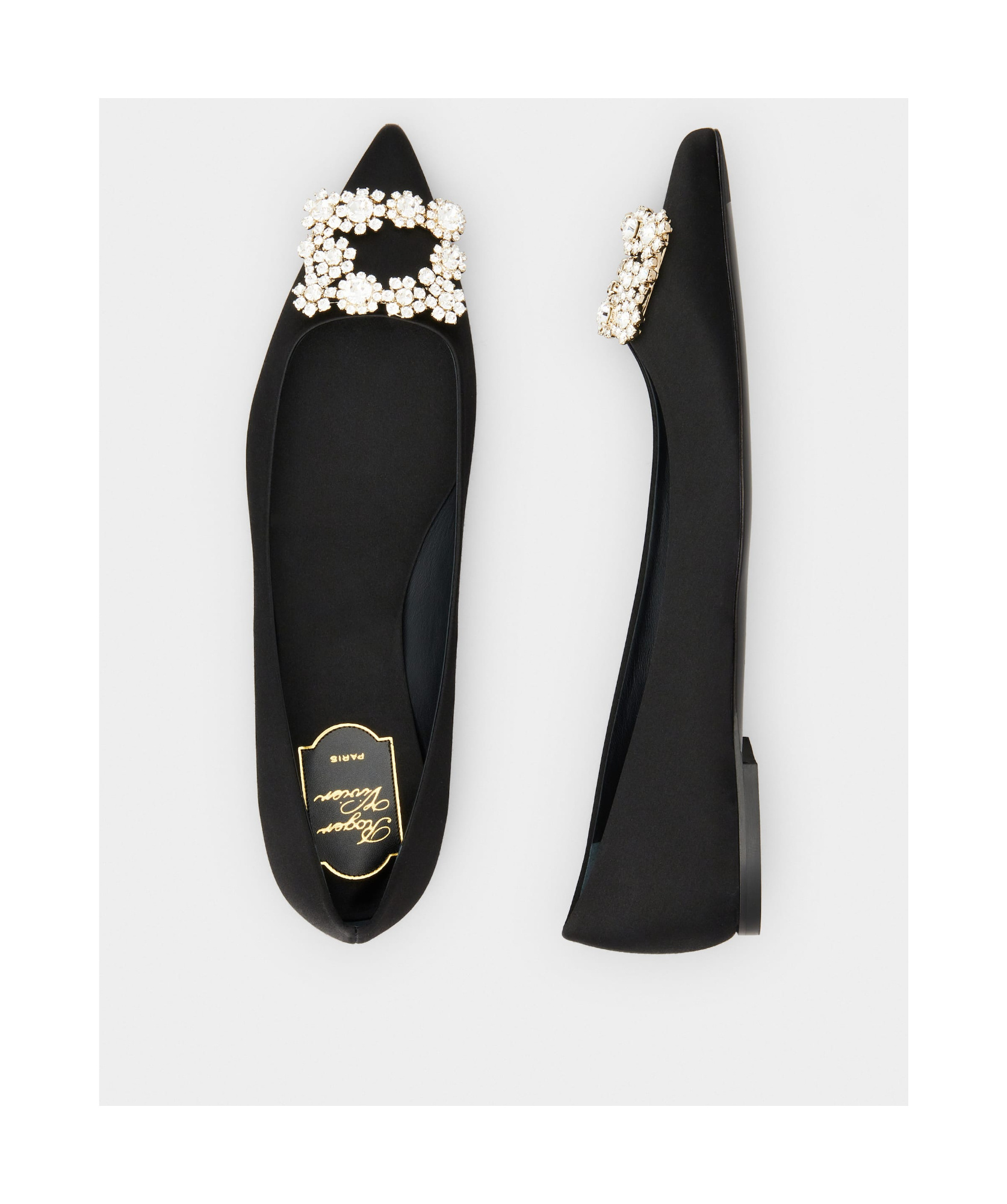 Roger Vivier Crystal-embellished Satin Point-toe Flats In Black