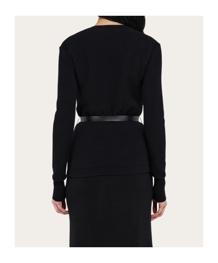 Ferragamo Pure Wool Cardigan With Leather Belt In Black