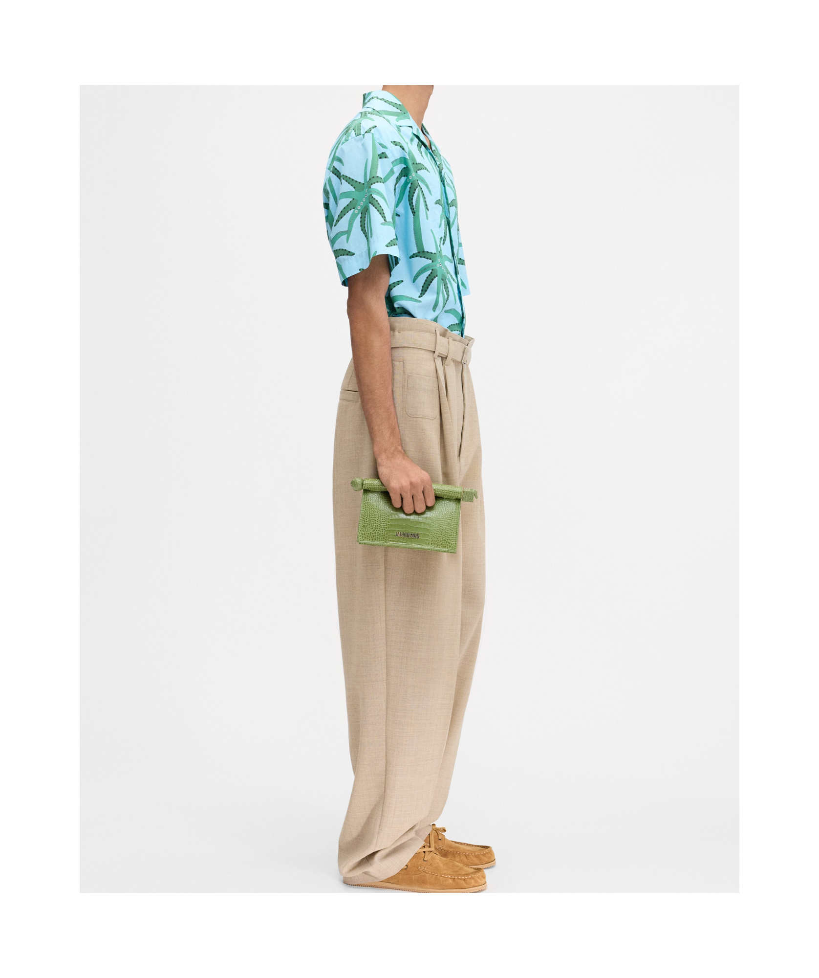 Jacquemus 'la Chemise Jean' Light Blue Shirt With Notched Collar And All-over Palm Tree Print In Blue
