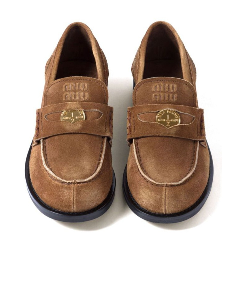 Miu Miu Coin-plaque Suede Loafers In Brown