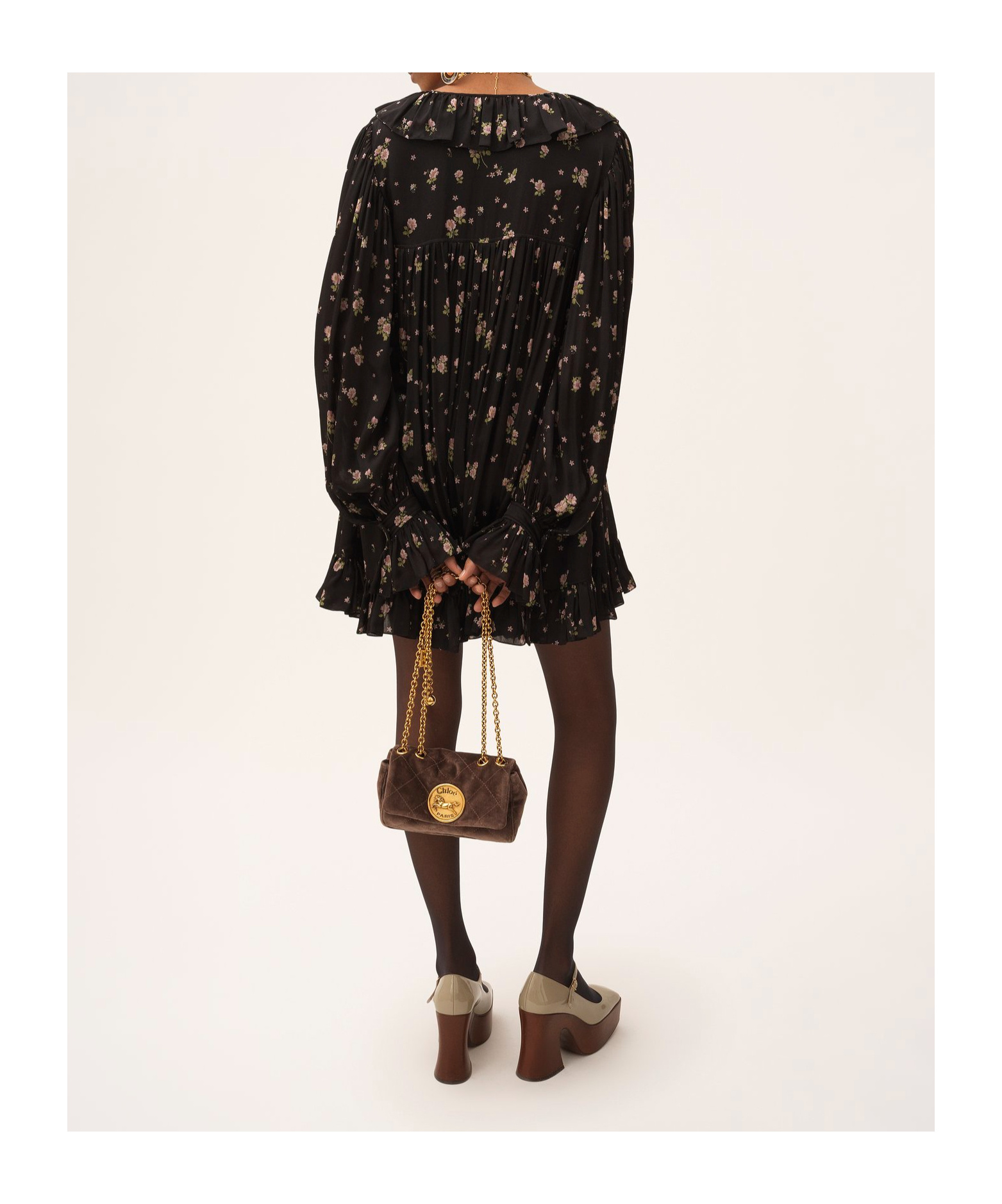 Chloé Liberty Print Long Sleve Silk Charmeuse Minidress In Black