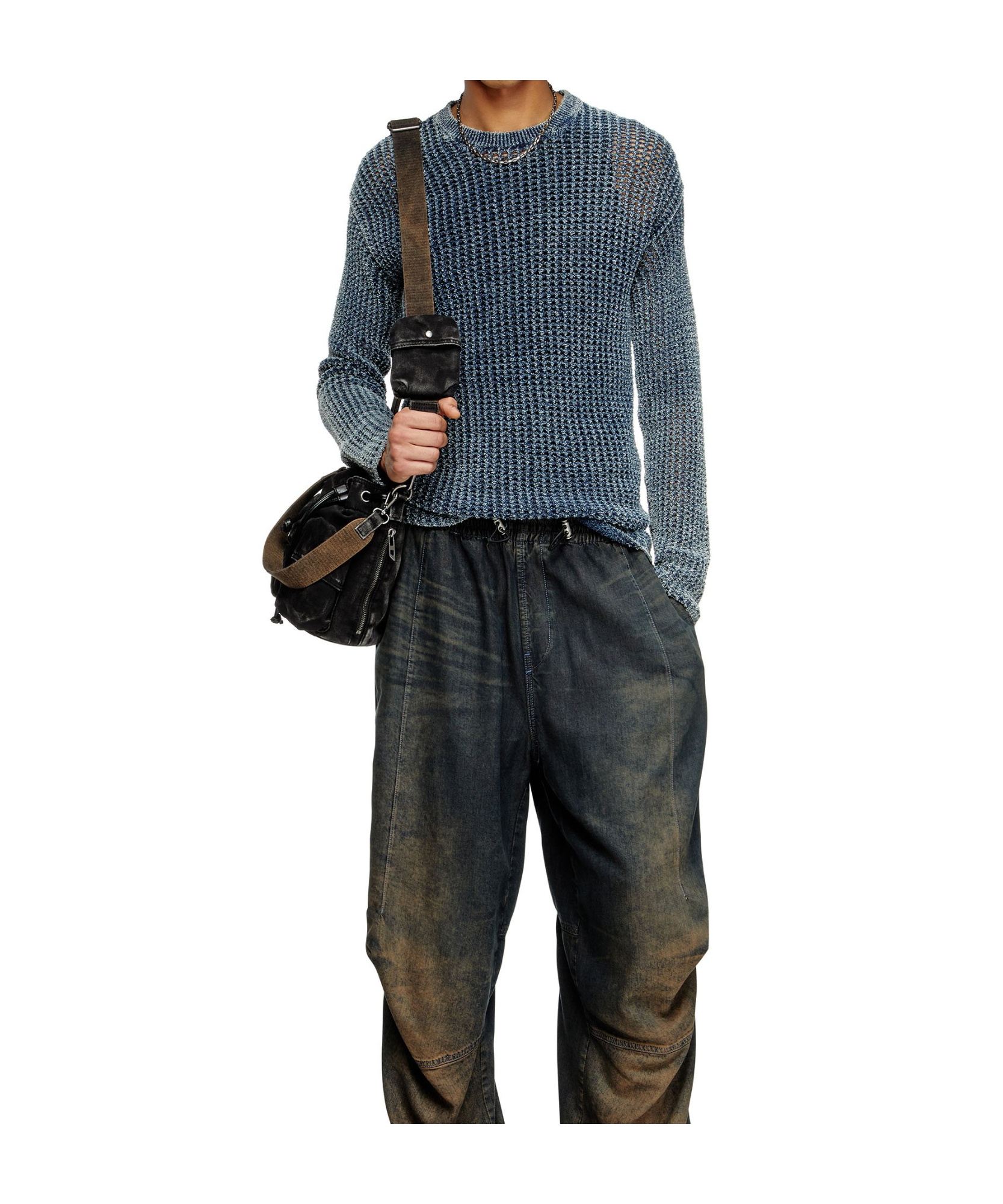 Diesel Textured Knit Crewneck Sweater With Ribbed Finish In Blue