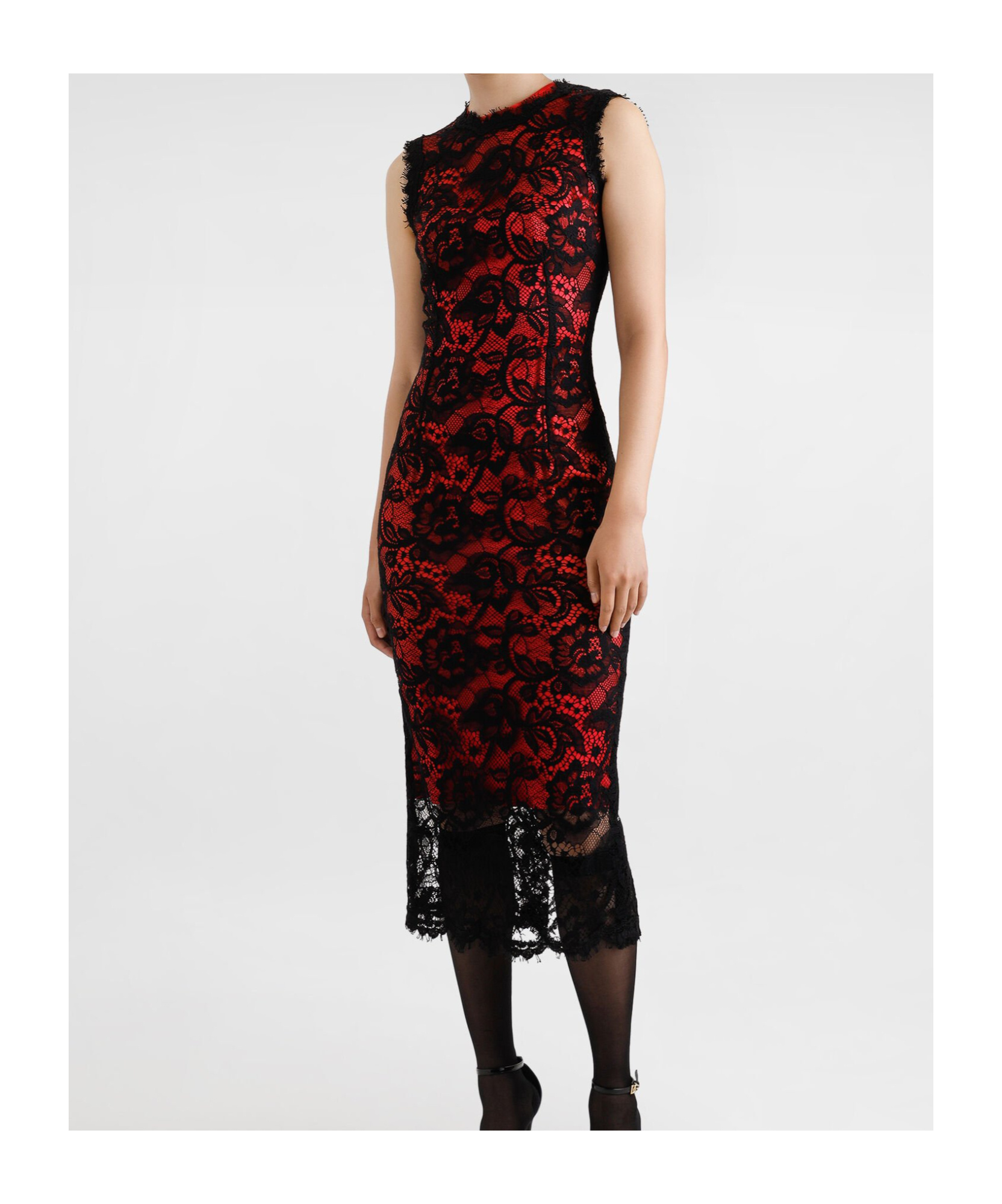 Dolce & Gabbana Calf-length Floral Lace Sheath Dress With Contrasting Lining In Black