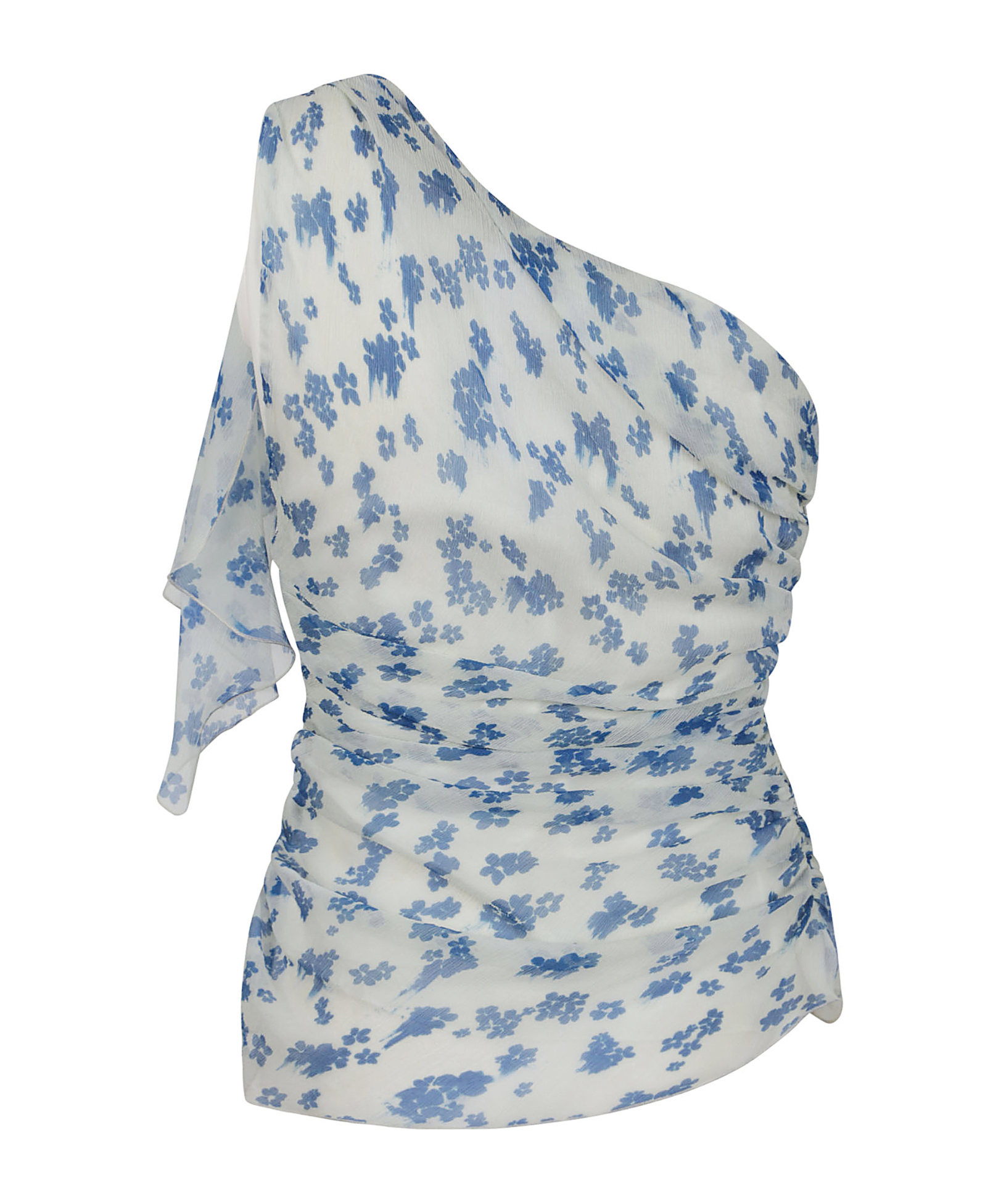 Victoria Beckham Asymmetric Draped Floral Ruched Sleeve Top In Blue