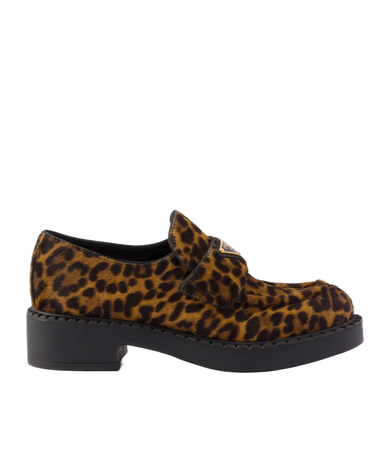 Prada Leopard Calf Hair Triangle Loafers In Black