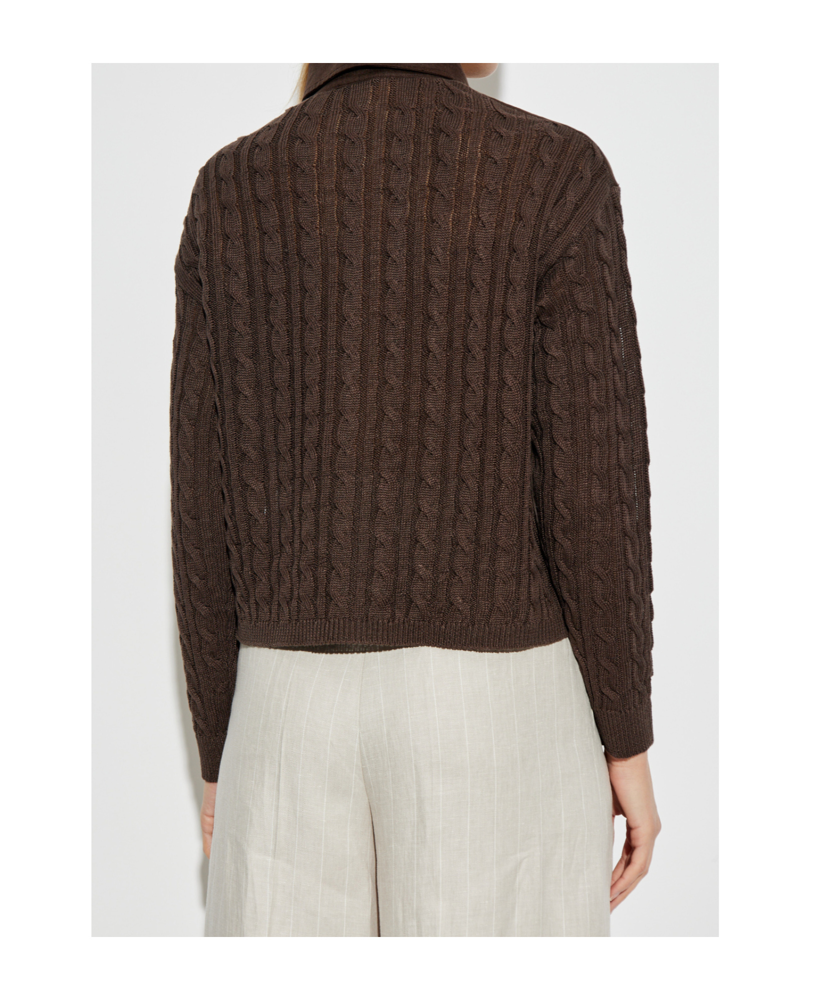 Max Mara Linen Cardigan With A Cable Knit And Ribs In Brown