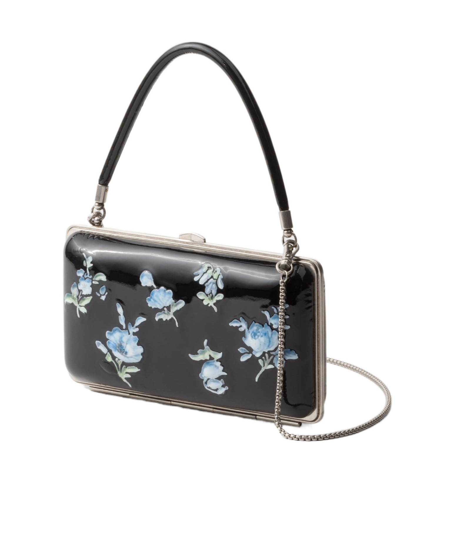Prada Floral-printed Patent Leather Clutch In Black