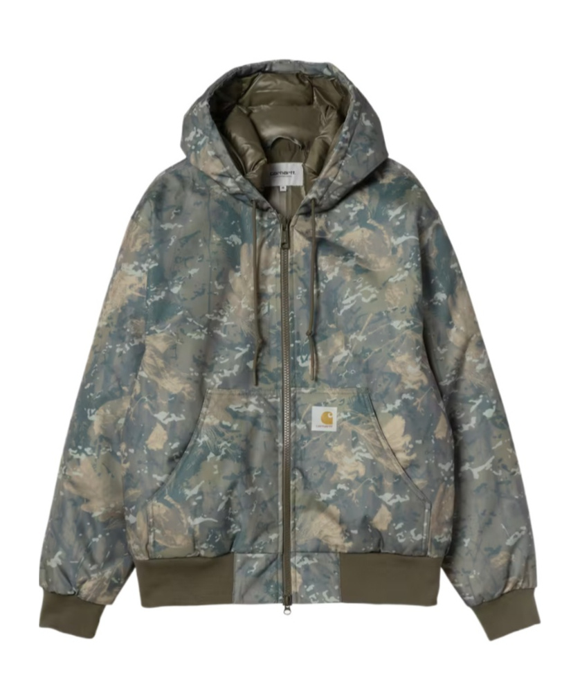 Carhartt Hooded Camouflage Jacket With Ribbed Cuffs And Hem In Green
