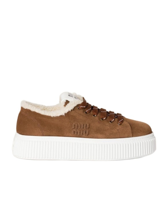 Miu Miu Suede And Shearling Sneakers In Brown
