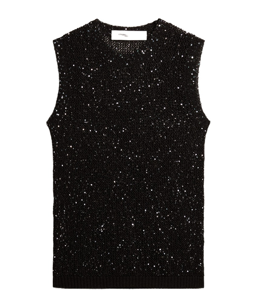 Shop Golden Goose Black Mesh Knit Top With Sequins And Contrasting Details