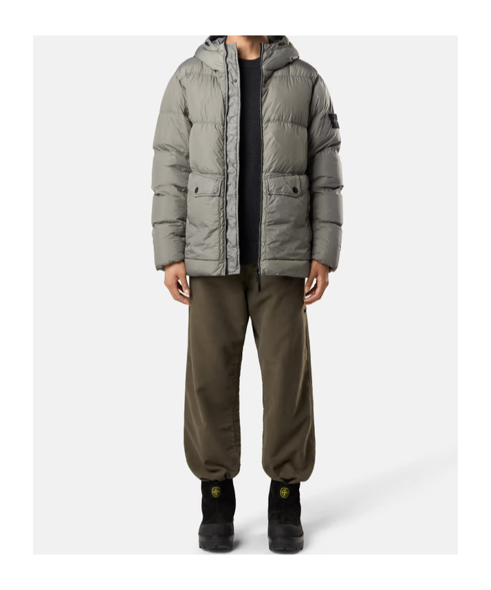 Stone Island Logo Patch Zip-up Hooded Jacket In Gray