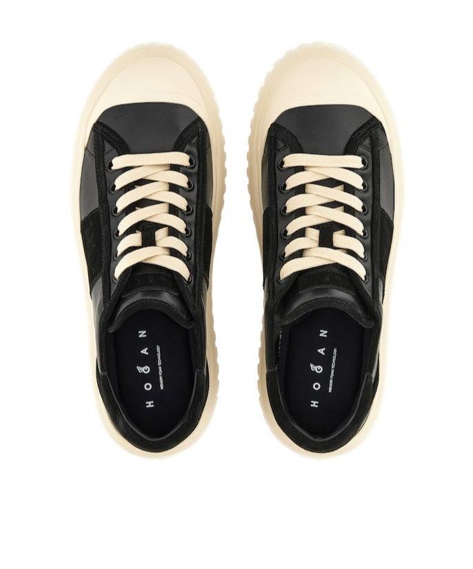 Hogan Leather And Suede Sneakers With Contrasting Sole In Black