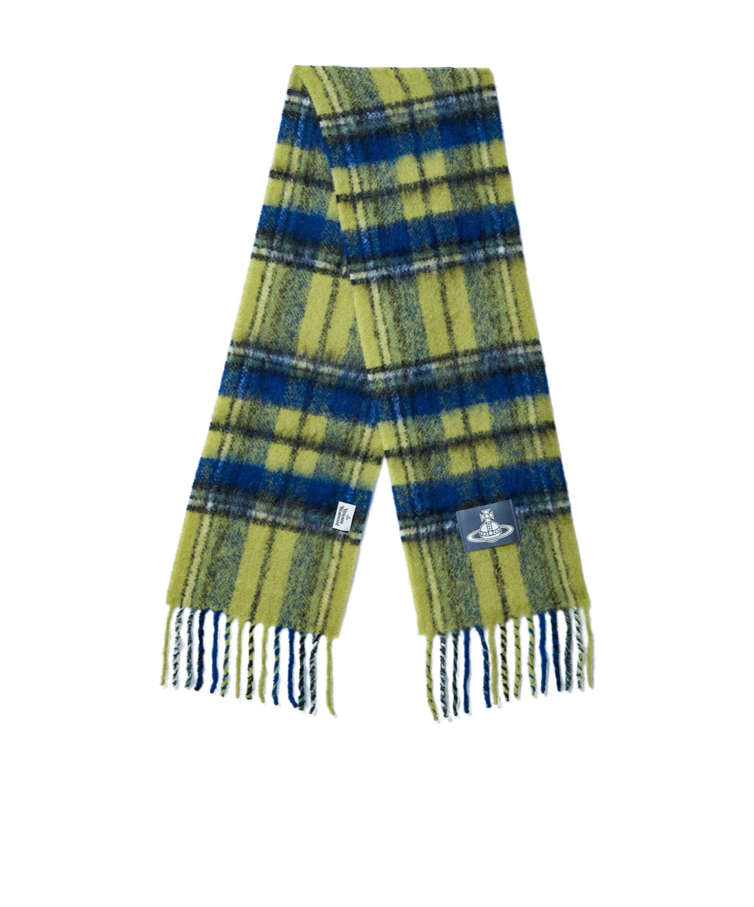 Vivienne Westwood Logo Patch Checked Fringed Scarf In Green