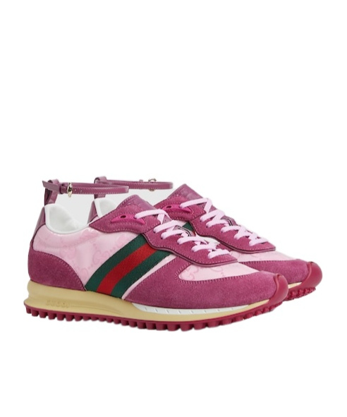 Gucci Nora Web Stripe Suede Sneakers In Pink