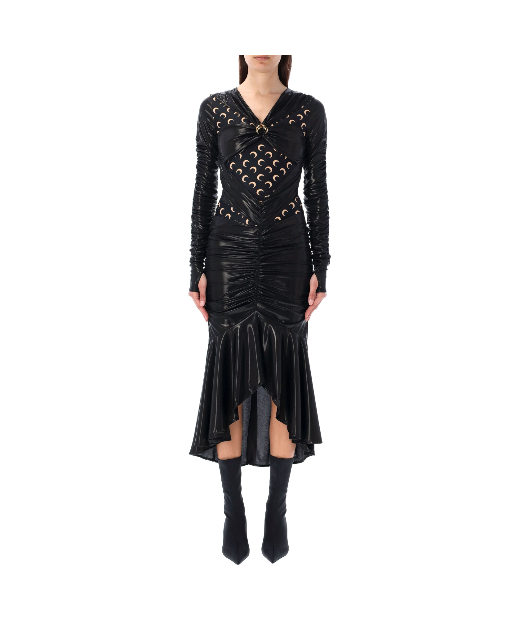 Marine Serre All Over Moon Ruched Jersey Midi Dress In Black