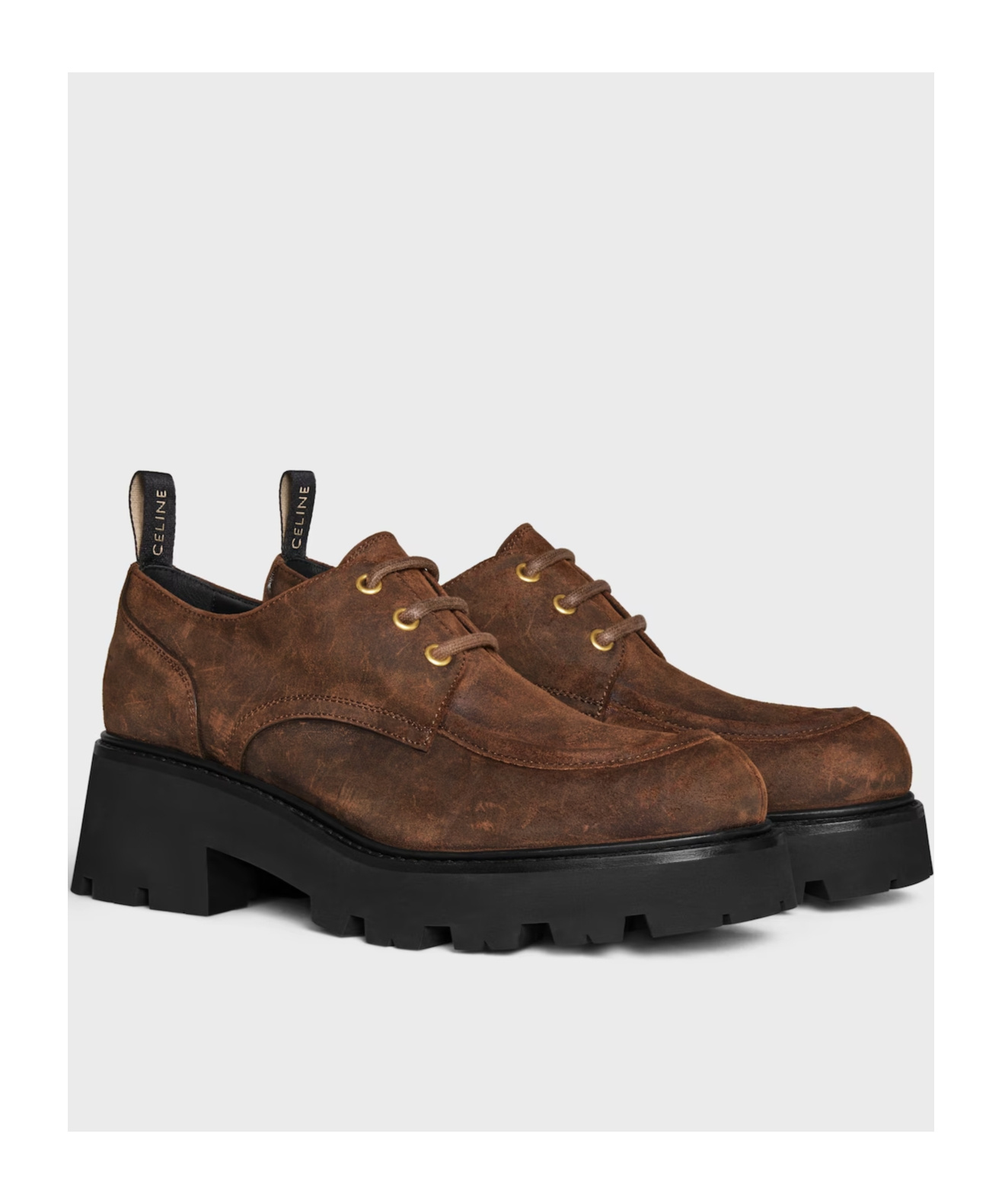 Celine Triomphe Derbies In Waxed Suede Calfskin In Brown