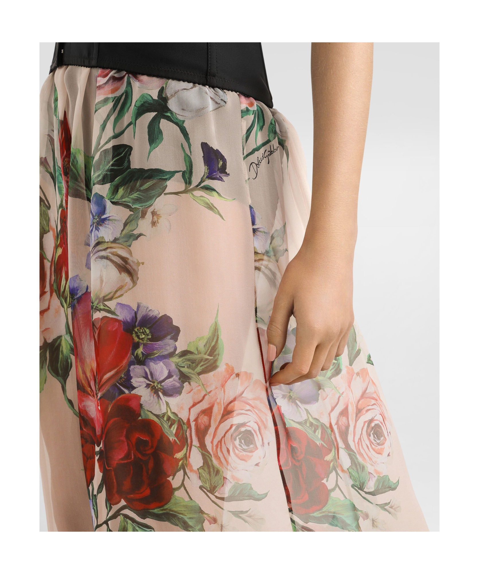 Dolce & Gabbana Pleated Floral Midi Skirt With Elasticated Waist In Nude
