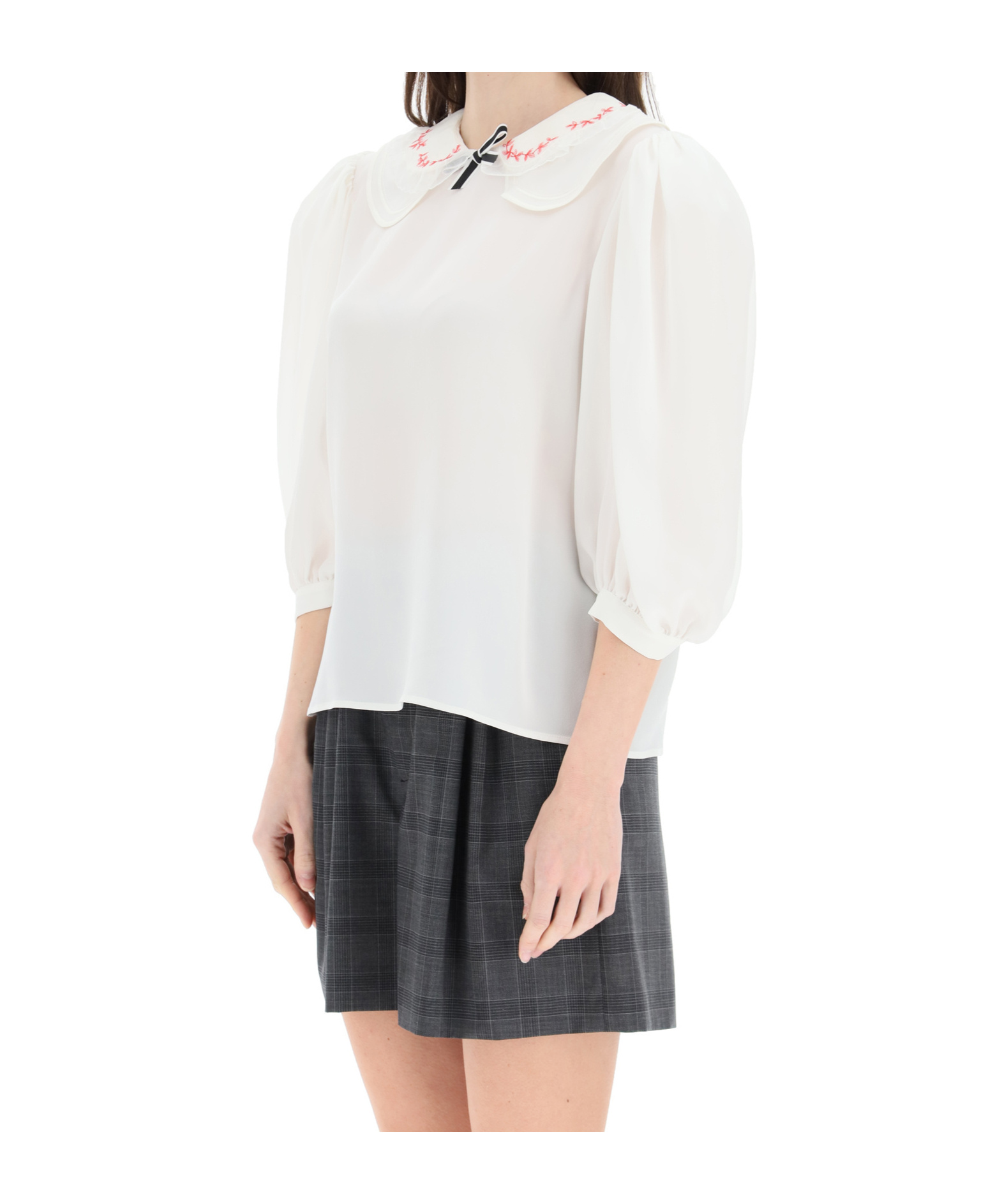 Miu Miu Rounded-collar Puff-sleeve Blouse In White