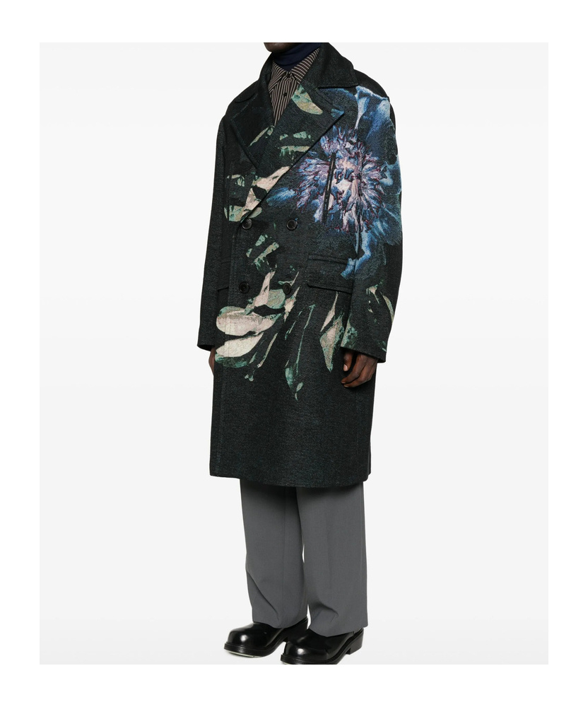 Dries Van Noten Cotton Blend Coat Floral Pattern In Blue